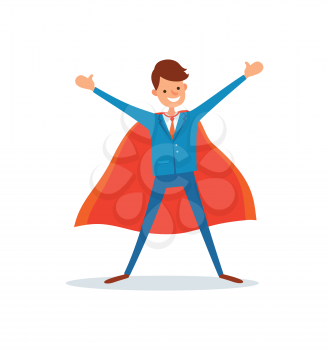 Man hero in business field, genius businessman with super powers vector. Manager with smile wearing cloak. Powerful boss, almighty helper superman