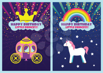 Happy birthday little princess vector, cards greeting birthday-girl with special holiday. Carriage and unicorn with pink tail and shooting stars rainbow