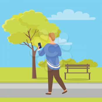Person with mobile phone back view in city park near tree and bench. Vector male with telephone, businessman chatting on smartphone, typing message