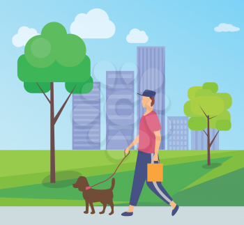 Person wearing casual clothes and cap, dog domestic animal with lead, human holding package. Vector city park with bench and man walking with pet