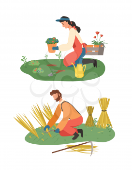 Farmers planting and harvesting vector, woman and man with ear of wheat and flowers. Lady with flowers and watering can, cultivation of soil flat style
