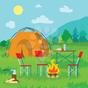 Traveling season in summer vector, vacation and relaxation camp. Mountains and forest of pines and spruce, tent and bonfire with logs, table and food in plate. Camping equipment on grass