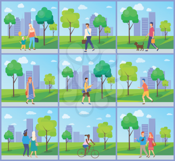 People walking in city park, man and woman going outdoor, family leisure and sporty activity, male and female character near trees and building, set vector