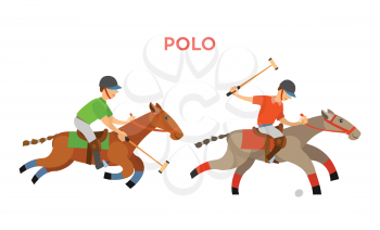 Horse riders playing polo vector, sportive game for players, riding males wearing uniform using sticks to hit small ball laying on ground isolated