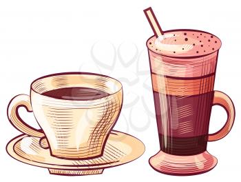 Coffee served in glass container vector, foamy beverage. Cup of tasty drink with foam containing caffeine. Mocha or espresso cappuccino flat style