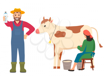 Organic milk in bottle vector, farmer showing fresh liquid in bottle, milkmaid woman and man working with cow, farming and getting ecological food