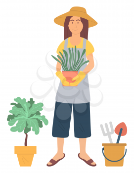 Gardening pastime vector, isolated woman standing with plant in pot. Interest of lady, gardener character holding flowers, houseplants hobby leisure