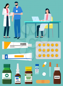 Doctors at work vector, isolated set of medicaments and medicine helping to get well. Laboratory scientists with ointment and pills blister, drops