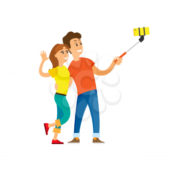 Friends taking selfie and laughing, man embracing woman with rising hand, people in casual clothes. Full length and portrait view of couple vector