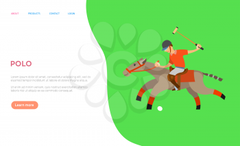 Polo player vector, man on horseback holding stick, hitting ball on speed. Accuracy and precision of playing man, equine sports, stallion. Website or webpage template, landing page flat style