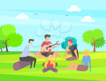 Friends spending time vector, summer vacation together in park camping near campfire, people playing guitar outdoor activity, happy weekend with friend, summertime by bonfire