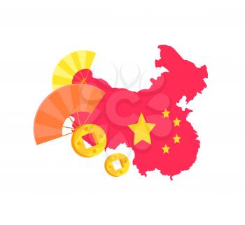 Chinese map with flag vector, isolated representation of China and stars, decoration of hand fans used to get rid of heat. Asian country traditional colors