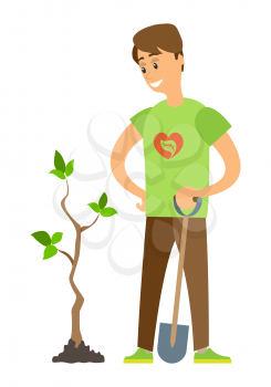Smiling man holding shovel, portrait and full length view of volunteer character seeding tree, plant with leaves, globe care, male gardening vector