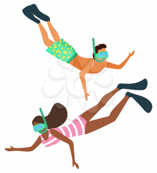 Snorkeling people vector, man and woman wearing special equipment. Scuba divers underwater, swimming male and female with special diving masks flat style. Summertime activity