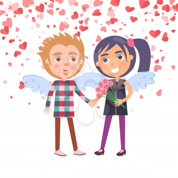 Boy holding girl with flowers vector. Smiling woman in purple clothes and man with plaid shirt, people with wings. Boyfriend and girlfriend Valentine day