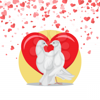 Doves symbol of love, Valentine postcard with animals decorated by hearts and circle on red vector. Embracing birds with raised wings look at each others