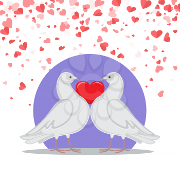 Valentine greeting card, doves symbols of love holding red heart, on background of purple circle and romantic greeting cards, vector postcard with pigeon birds