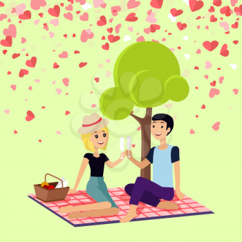 Valentine day girl and boy sitting on map drinking champagne. Romantic spending time near tree, couple drinking. Festive card decorated with hearts vector