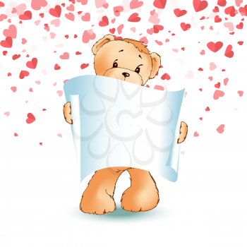 Teddy bear with paper scroll in Paw vector isolated cartoon animal on background of pink and red hearts. Spare place for greetings on Valentines day, plush toy