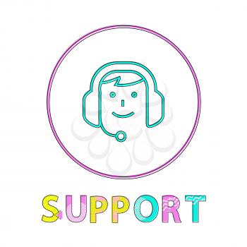 Online support in linear outline style vector icon. Smiling face in headphones gadget concept sign and web design simple line badge in circle contour