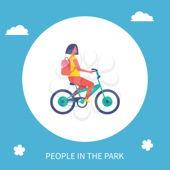 People in park poster girl riding bike cartoon vector with circle. Teenager in casual clothes and backpack cycling in park or city road, healthy lifestyle