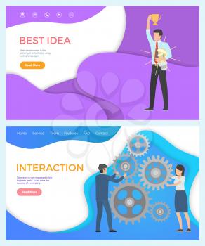 Best idea web page template man with trophy cup and light bulb in hands. Interaction, team building important in business world, drive to success of company vector