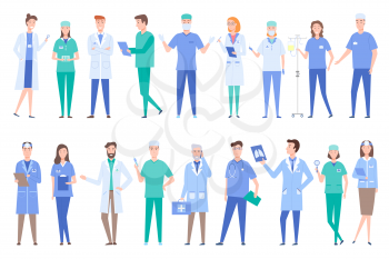 People working as doctors wearing gowns uniforms vector. Set of specialized professionals dealing with treatment and prescriptions surgeons with x ray. Set of peoples work in clinic flat style