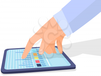 Fingers touching tablet with diagram color table and lines on screen. Modern tool on white background. Information analysis equipment for business meeting in office. Vector illustration digital device