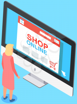 Woman looking at interface of program for online shopping on computer monitor. Female character selects products on website of store. Girl makes purchases in Internet store. Lady buys online