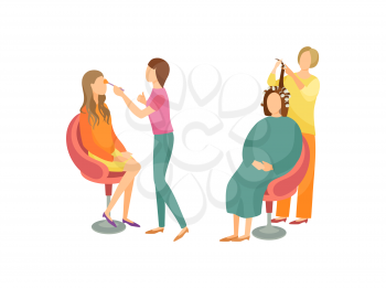 Spa salon visagiste and hairdresser set isolated icons vector. Woman making new hairstyle, wavy hair. Makeup of face, beautification of women clients