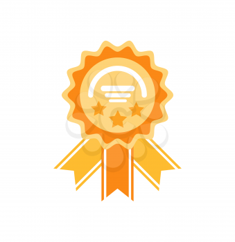 Golden reward with stars and ribbons. Medal prize icon with modern concept and simple logo shape in flat style. Circle medallion with lines vector