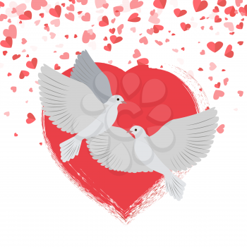 Doves in love pigeons birds hearts Saint Valentines day vector. Celebration of holiday in february, white birdies symbols of hope and purity flying