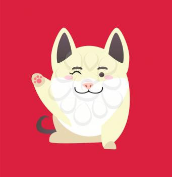 White pig with winking face, cute cartoon of funny character. Illustration of sitting animal with raised paw in flat style isolated on red vector