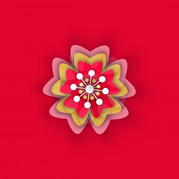 Flower origami made of paper petals of blooming vector. Isolated icon in Asian style, Chinese new year flat art. Celebration decoration of peony flora