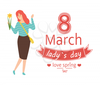 Love spring, 8 March lady day and redhead woman with narcissus or daffodil flower, female character. Smiling girl in skirt and blue sweater, greeting card