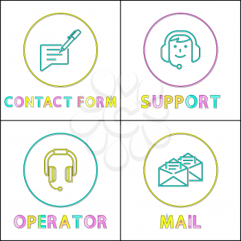 Contact info filling form posters set headlines. Support service of operators wearing headphones and microphones getting mails vector illustration