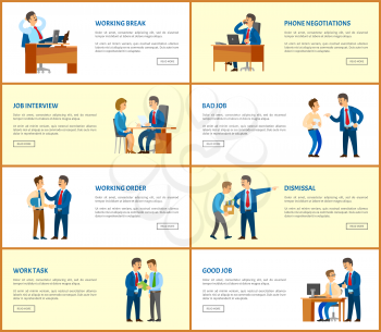 Business and work, boss and employees web posters. Meeting and break, dismissal and working order, phone negotiations and job interview vector pages samples