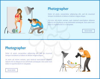 Studio and still life photographers web banners set. Model in swimsuit at backdrop, fruit near teapot composition for photo vector illustrations.