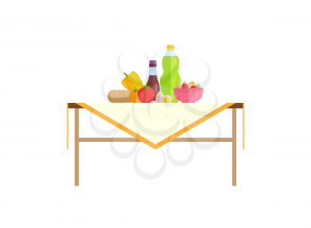 Healthy food and juice in bottle on table. Tomatoes with egg, bell pepper near bread loaf, bowl of porridge full of mushrooms vector illustration.