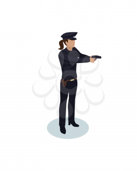Policewoman with gun color vector illustration isolated, police lady in dark uniform and headdress, woman cop officer at work, armed female with weapon