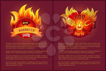 Hot barbeque vector icons with burning badges on posters, text sample. Fork, spatula and paddle, grilled sausages on metal turner in flame sparkles