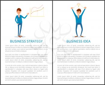 Business strategy and innovative idea of businessman vector. People presenting project details, increasing chart and growing pointers. Lightbulb sign