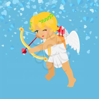 Valentines Day, Cupid aiming with bow, heart with arrow. Little boy with wings isolated on blue vector cartoon. Festive card with angle and hearts