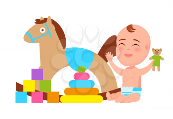 Happy baby play with rocking horse, color blocks constructor, pyramid and teddy bear vector illustration with little child isolated on white background