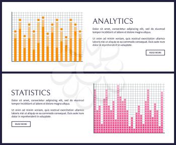 Analytics and statistics graphics on web pages with sample texts set. Bright visual charts with thin bars on coordinate systems vector illustrations.