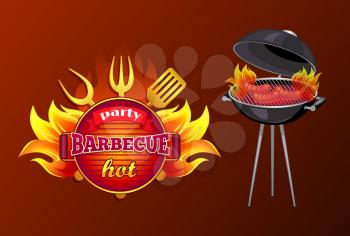Party BBQ barbecue poster with text and mangal. Brazier with roasting sausages frankfurter. Icon of frying pan, spatula and forks with flame vector