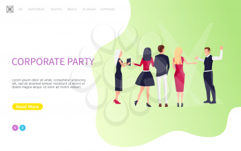Group of 5 working people celebrating corporate party. Women in official dress and skirt and men in trousers smiling. Cheerful people conversation vector