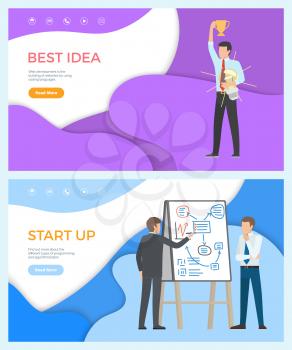Best idea web page template man with trophy cup and light bulb in hands. Startup, find more about programming and algorithmization, business people in suits