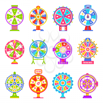 Fortune wheel machines set for gamblers to play gaming isolated icons set vector. Numbers and slots colored in different colors casino and money winning, flat style