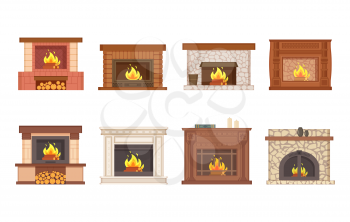 Fireplace home interior burning wood isolated icons set vector. Shelves with vase and decor, furnace made of stone and redbrick, stand and bucket